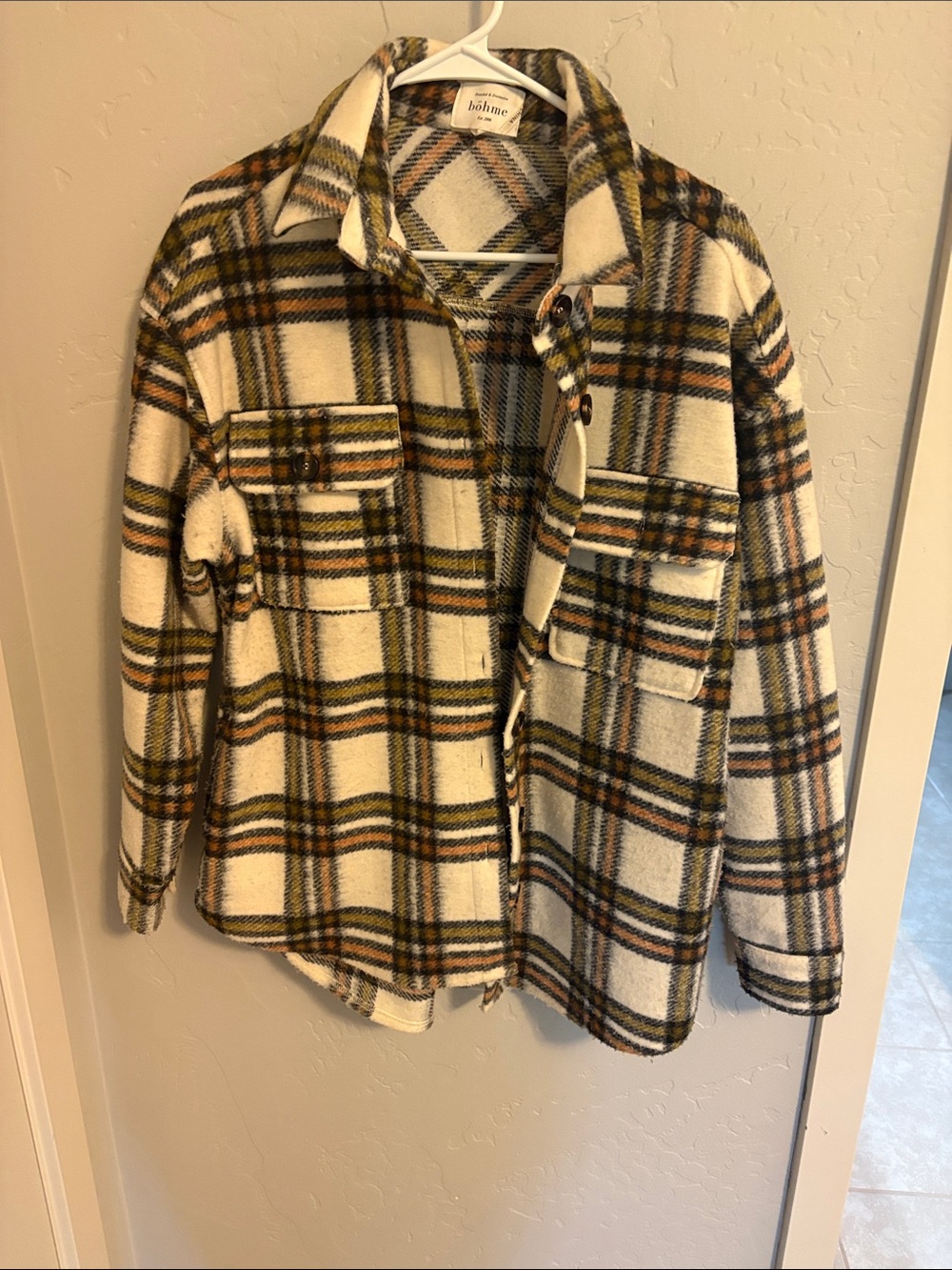 bohme Cream Plaid Shacket with Olive and Brown Stripes